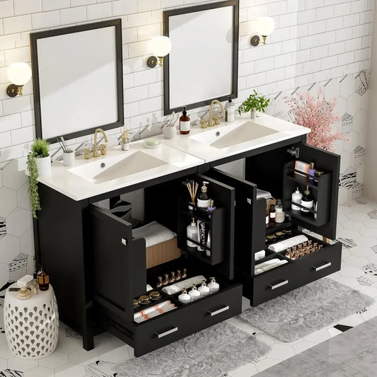 60 Inch Solid Wood Bathroom Vanity with Double Sink and Storage Cabinets