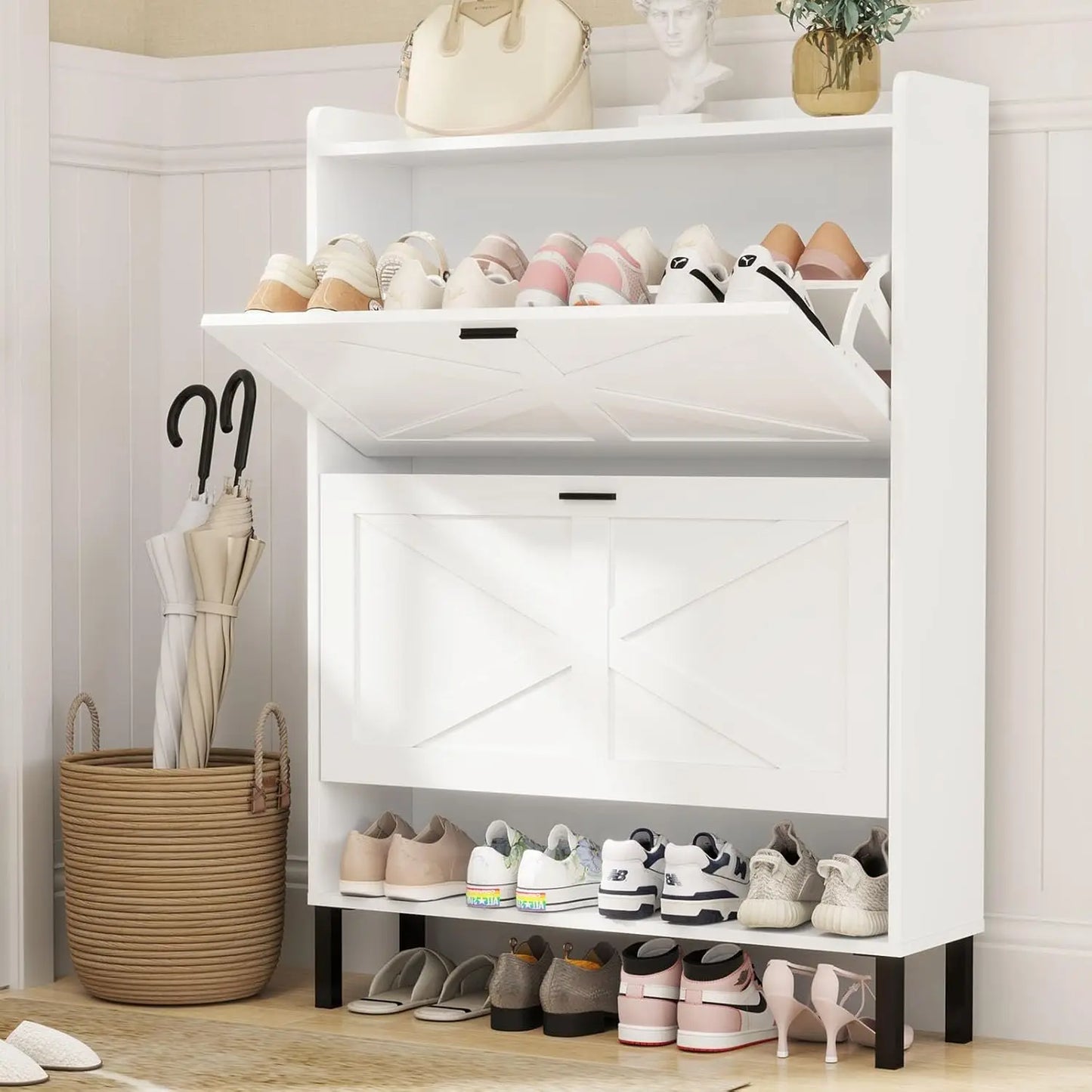 Shoe Cabinet for 24 Pairs Slim Freestanding Organizer with Flip Drawers and Hooks