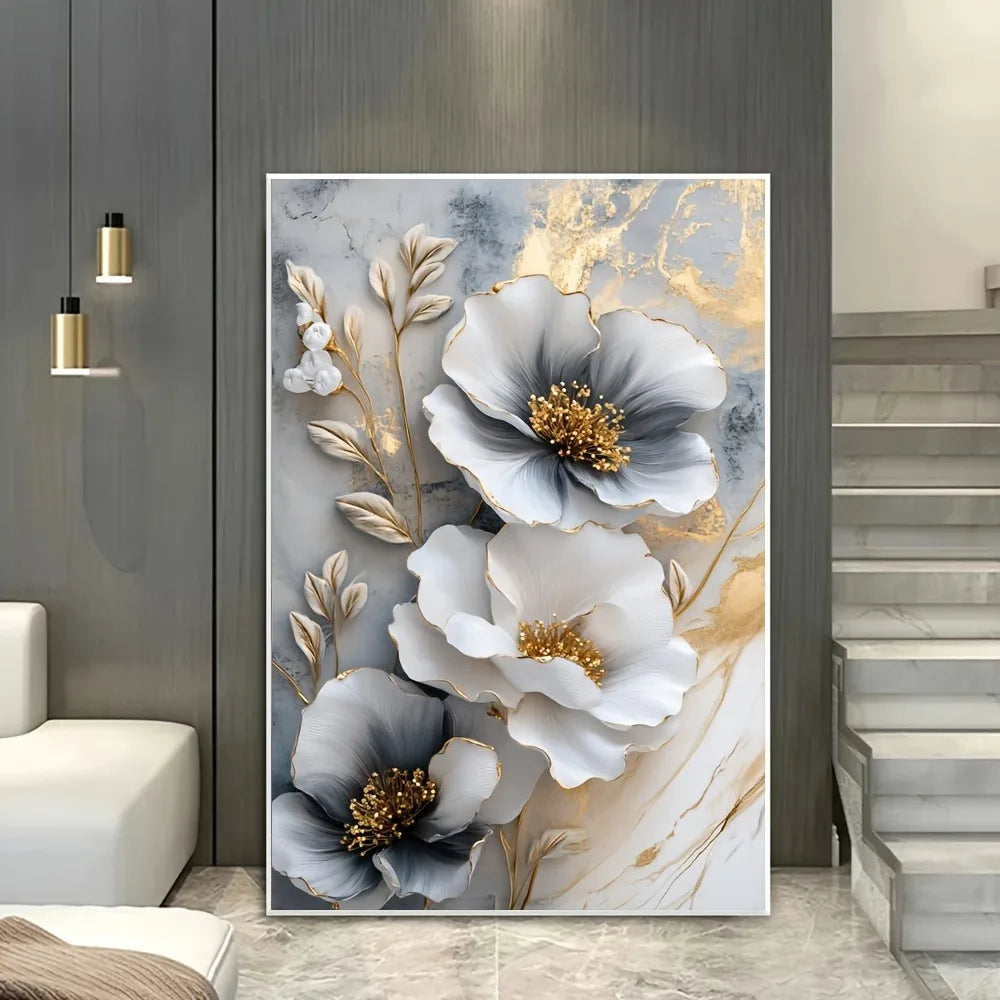 Modern Luxury Framed 3D Floral Canvas Mural for Bedroom and Living Room Decor