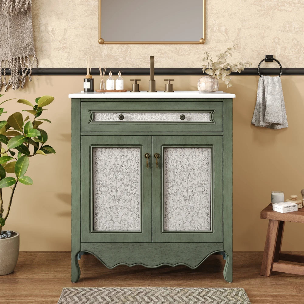 30 Inch Antique Pattern Bathroom Vanity with Rectangle Ceramic Sink
