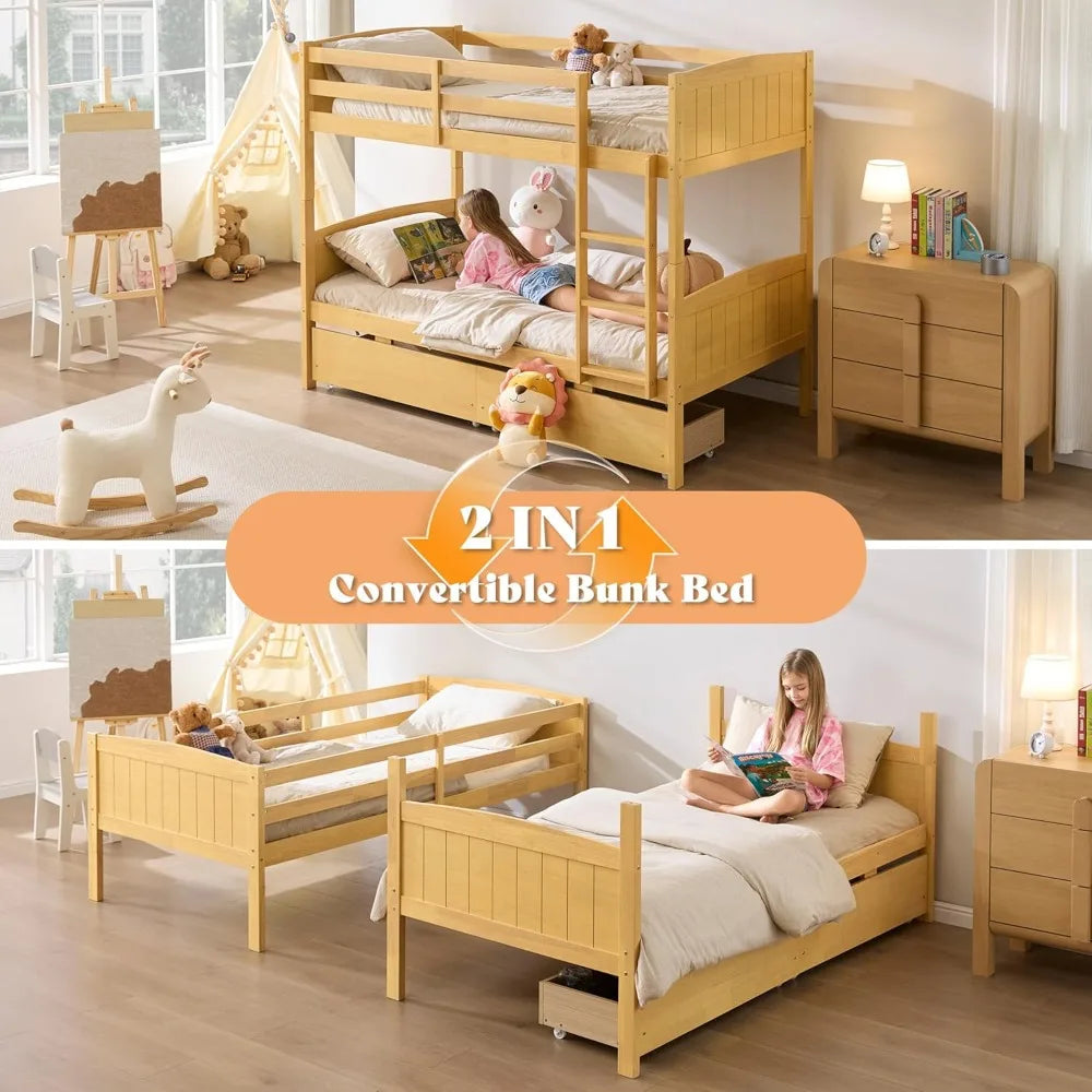 Convertible Twin Bunk Bed With Storage Drawers Metal Frame