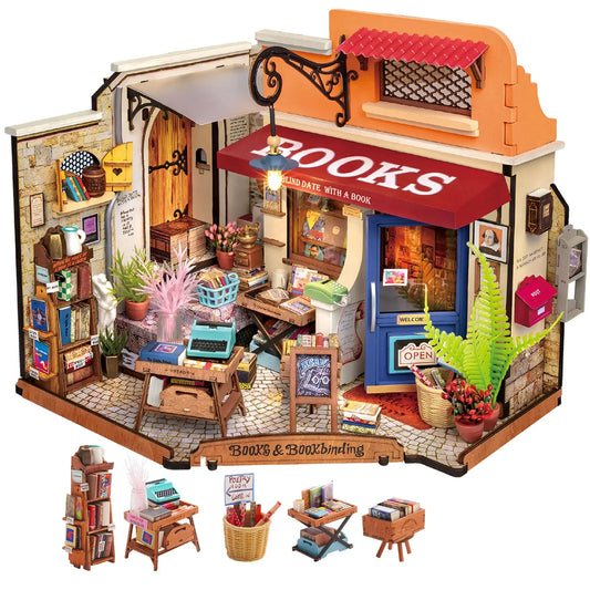 Robotime Corner Bookstore Miniature Dollhouse Kit With LED