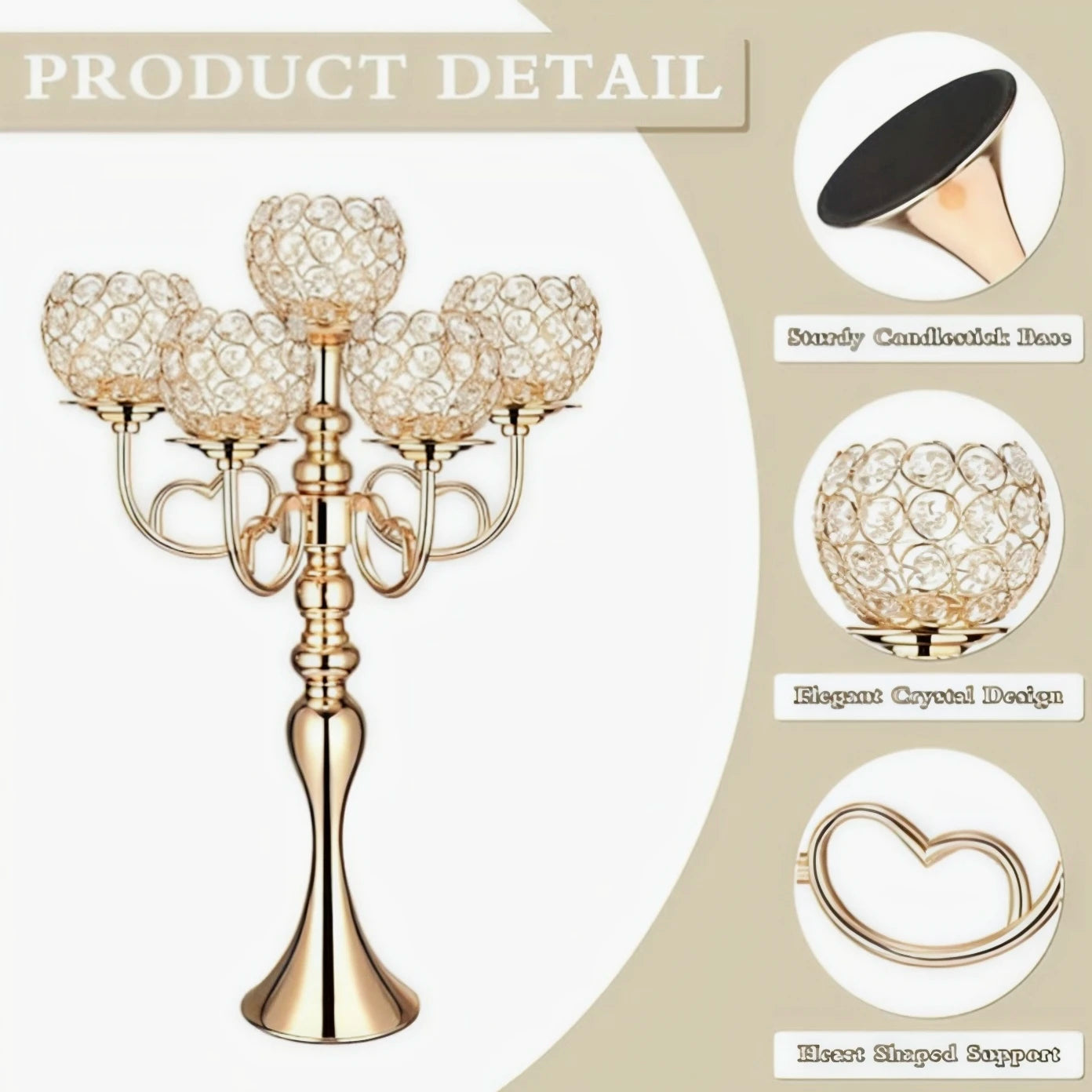 5-Arm Crystal Tealight Candle Stand Heart Shape Wedding Centerpiece