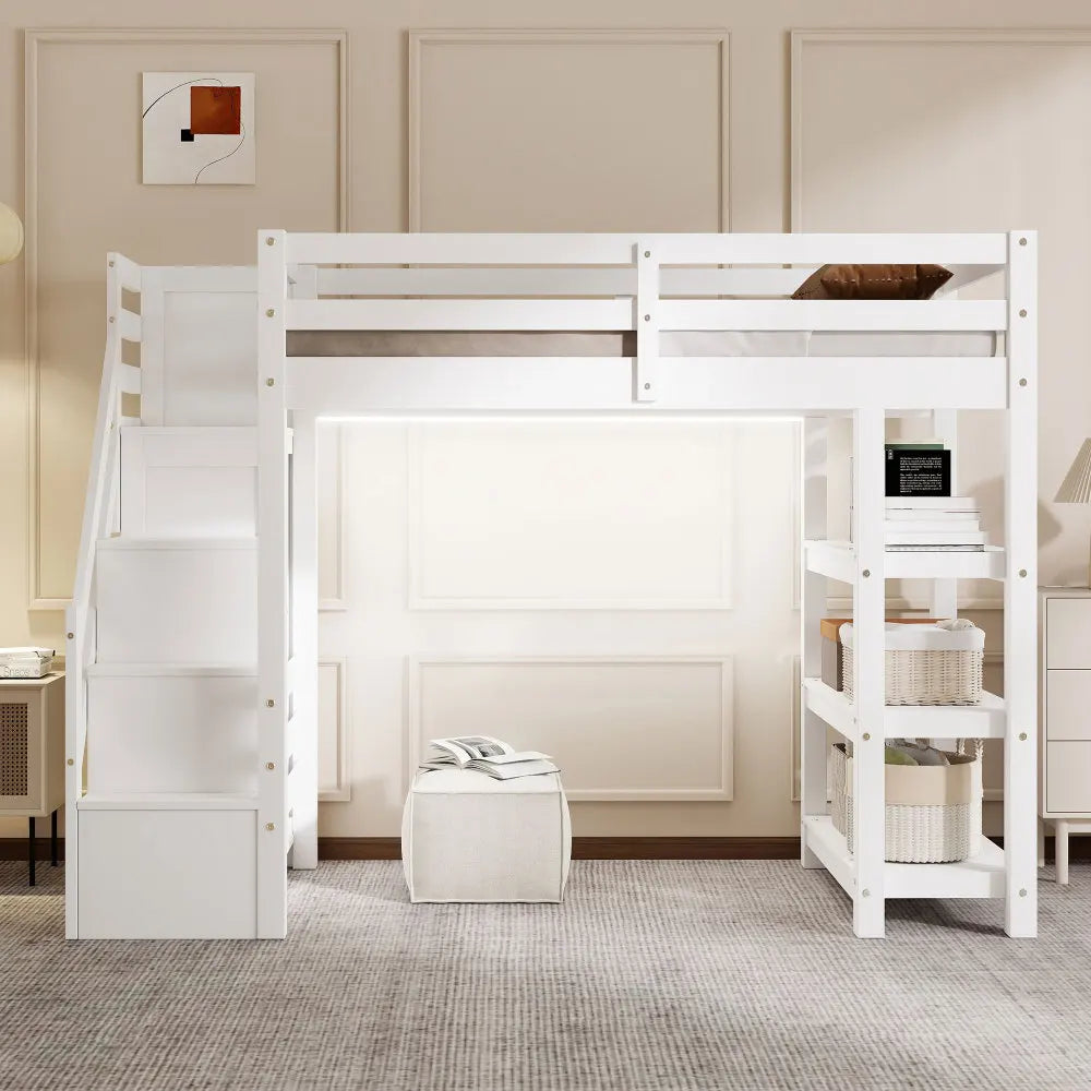 Wooden Loft Bed With Storage Staircase Integrated Wardrobe Light