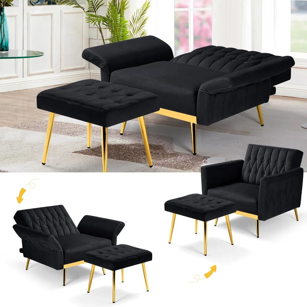 Velvet Accent Chair with Adjustable Armrests Tufted Back and Ottoman