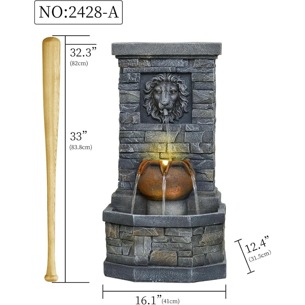 Outdoor Floor Standing Lion Head Water Fountain With Lights