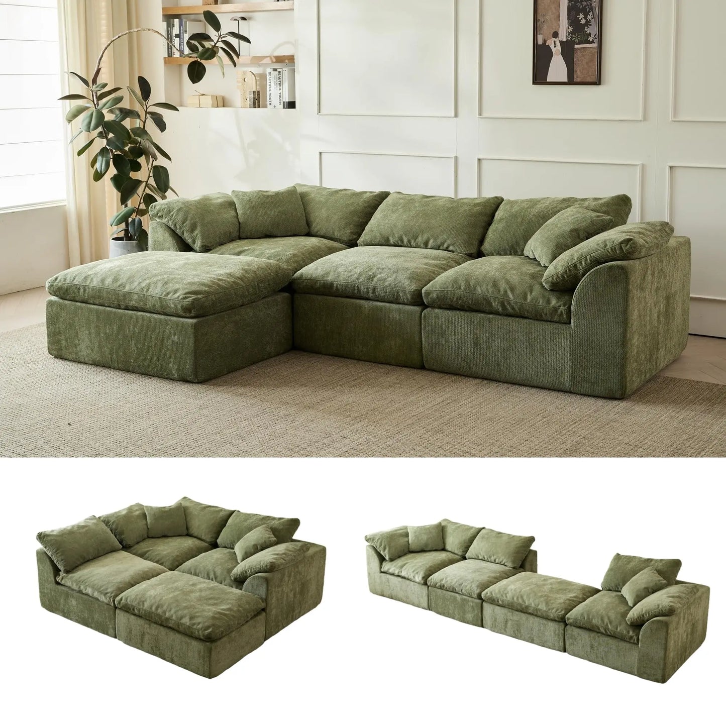Yeflixvrau Modern Cloud L-Shaped Chenille Sofa Ottoman