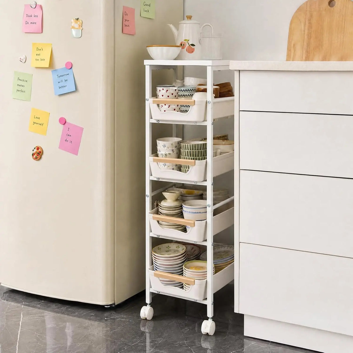 HiMISS Rolling Storage Cart With Wooden Top Pullout Baskets