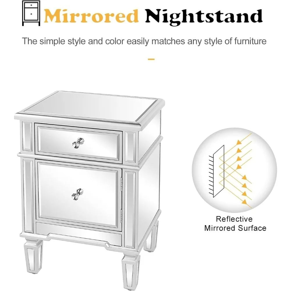Modern Mirrored Nightstand Bedside Table With Drawer And Cabinet