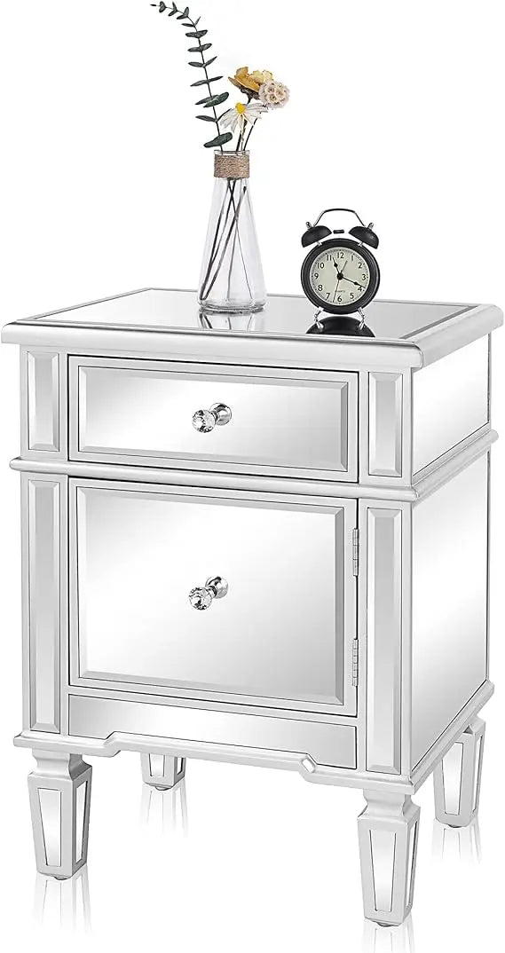 Modern Mirrored Nightstand Bedside Table With Drawer And Cabinet