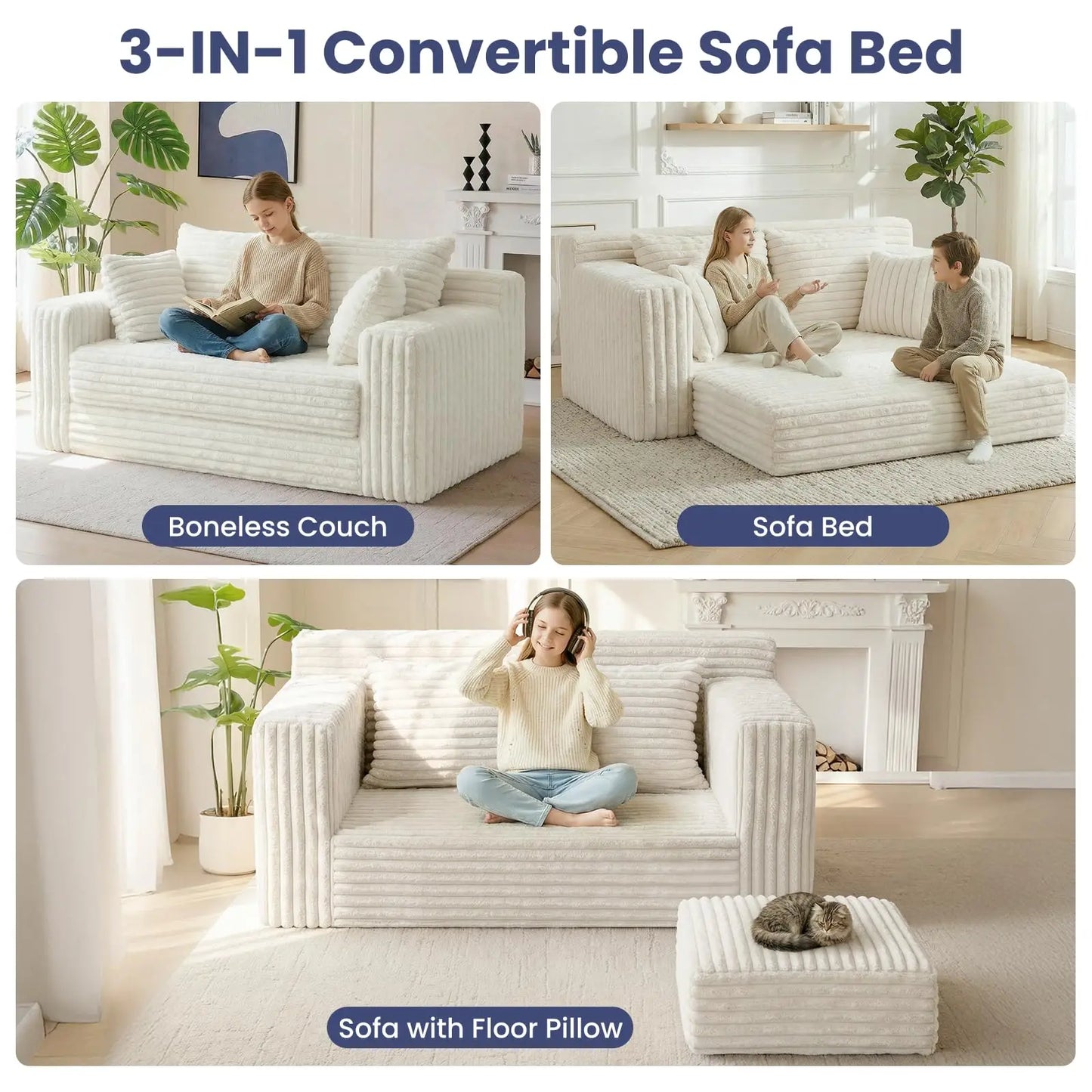 Furry 3-In-1 Convertible Sofa Bed With Detachable Cushions And 4 Pillows