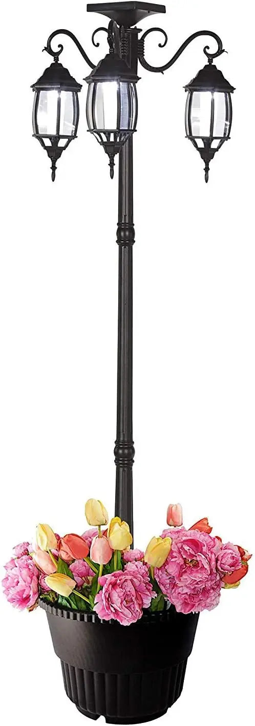 3-Head LED Solar Light Planter Black 6.7 ft Outdoor Garden Decor