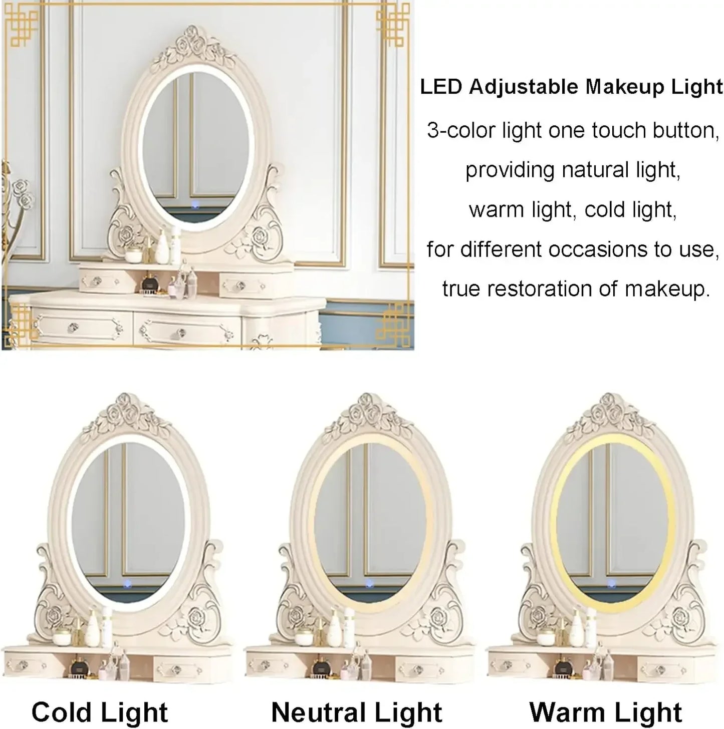 Stylish White Makeup Vanity with LED Touch Light Mirror and Cushioned Stool