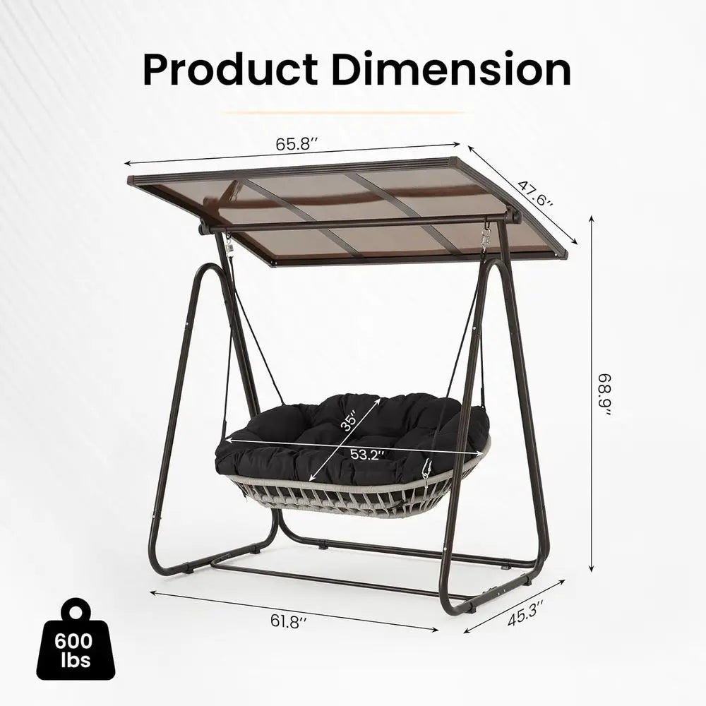 Weatherproof Rattan Swing Chair With Cushions And Adjustable Hardtop For Patio