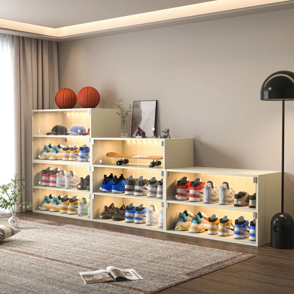 Red Glass Door Shoe Storage Cabinet with RGB LED Light for Sneakers