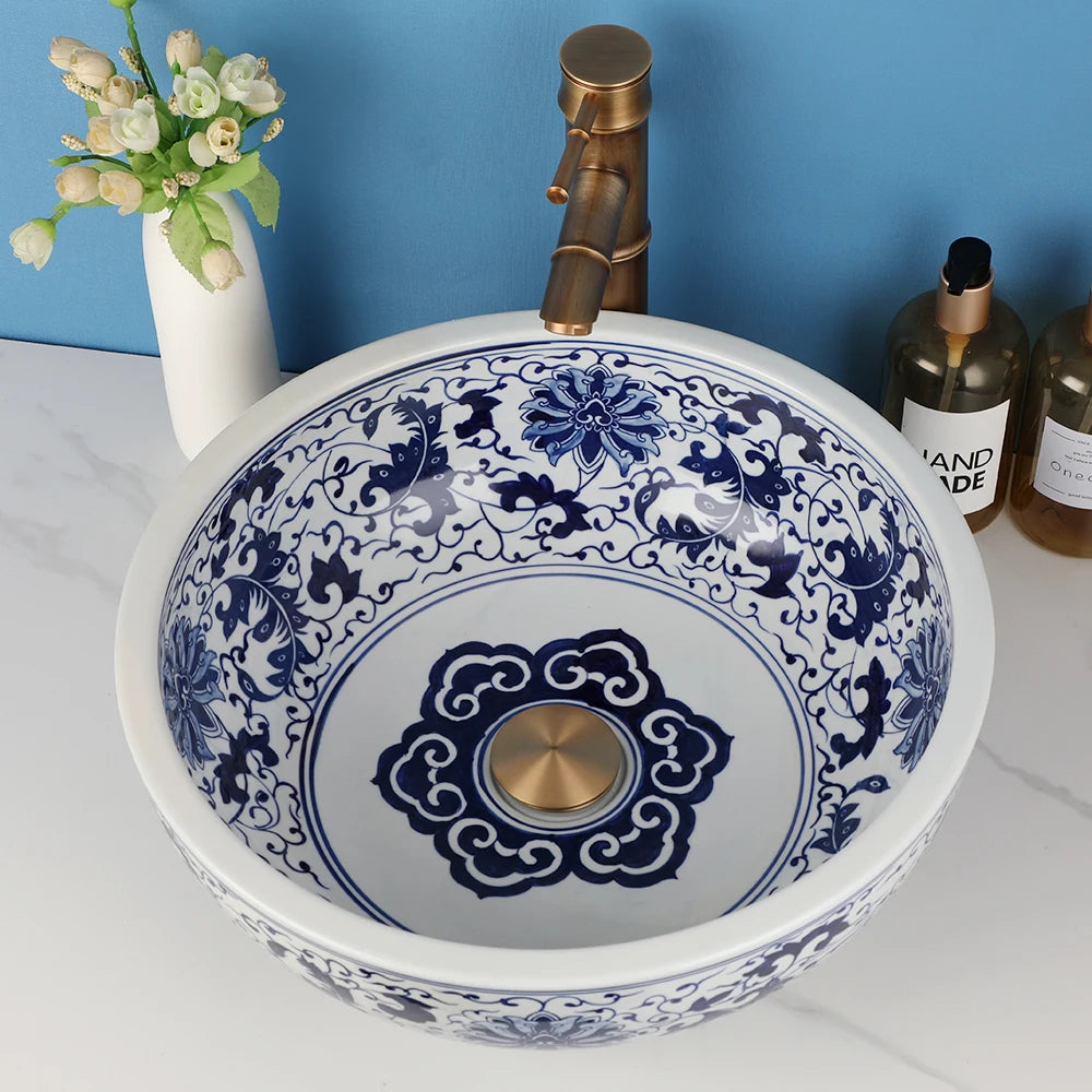 ZAPPO Round Ceramic Bathroom Vessel Sink Faucet Combo Set
