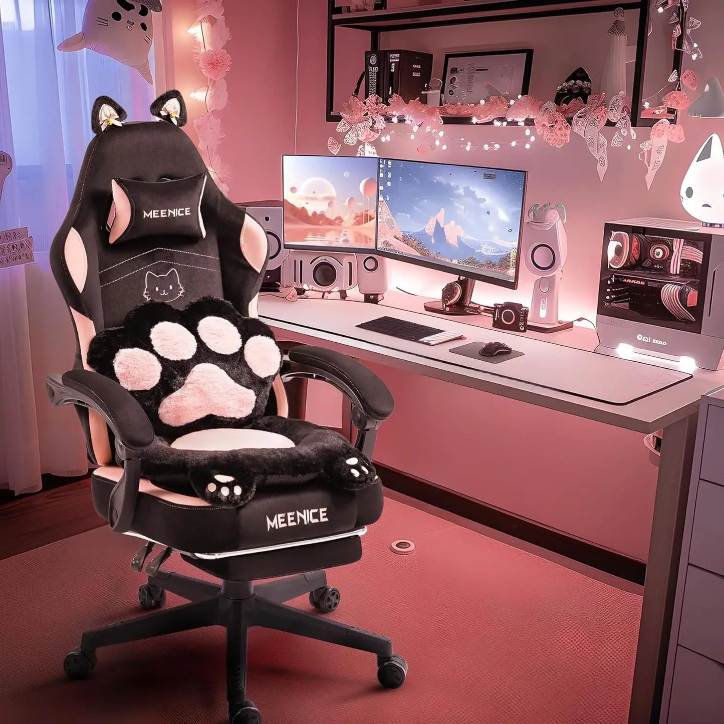 Ergonomic Gaming Chair With Cat Ear Design And Footrest