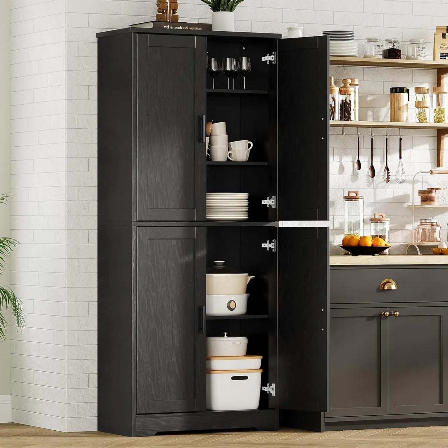 Studyset Freestanding Kitchen Pantry Cabinet Four Doors Adjustable Shelves