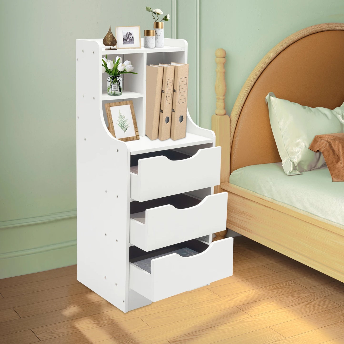 White Vertical Bedside Table Modern Storage Cabinet with Convenient Handles