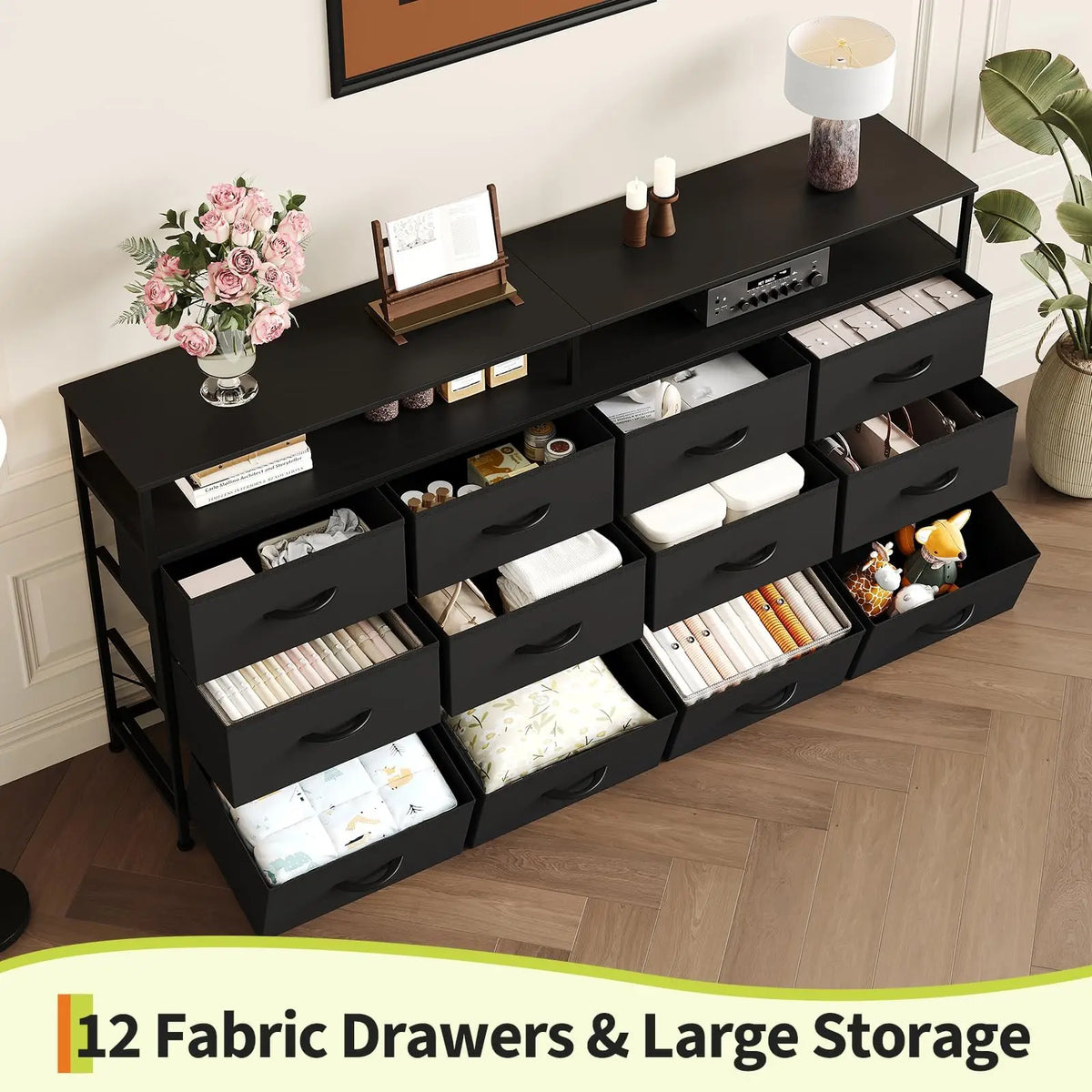 HiMISS Multidrawer Storage Console With Open Compartments Steel Frame