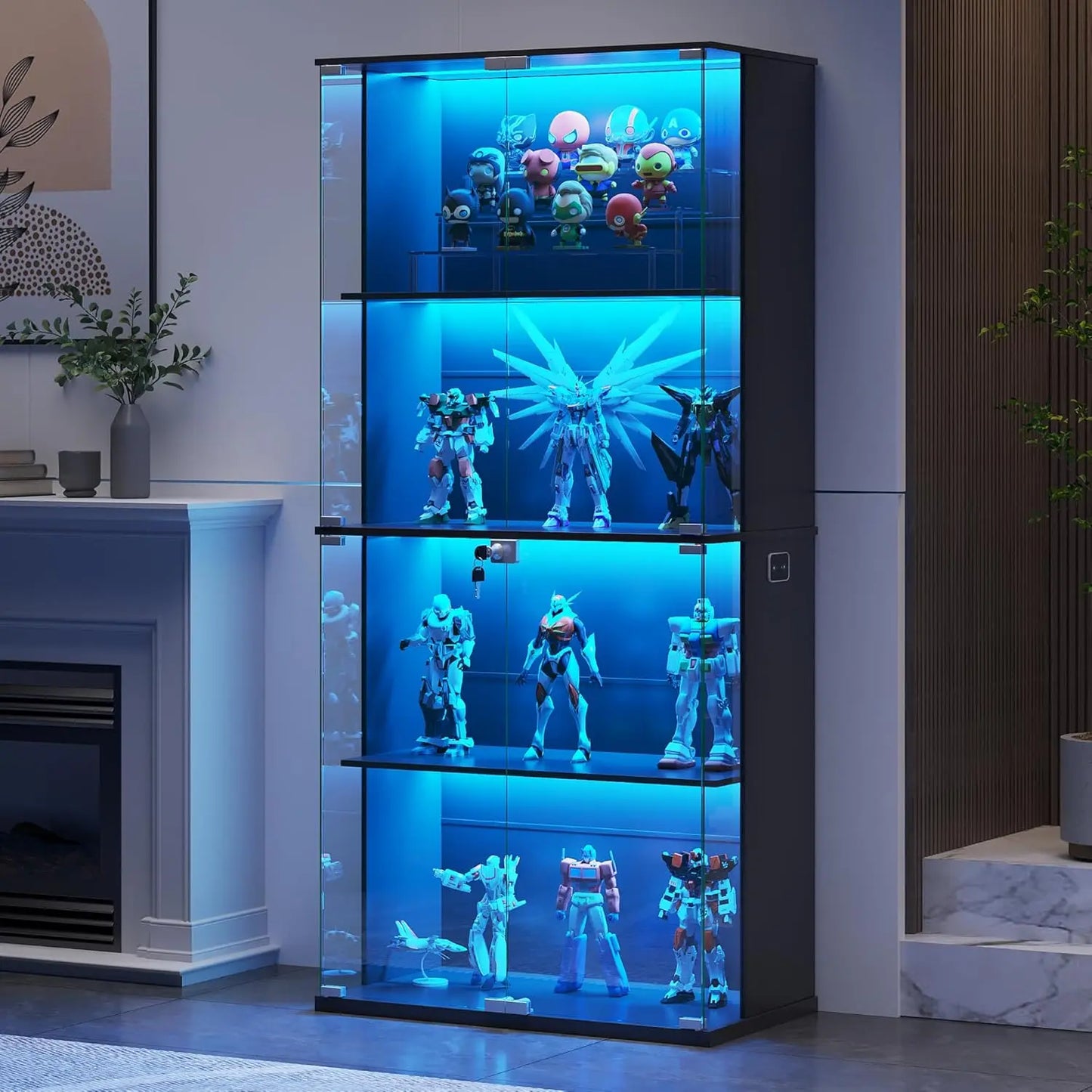 ZHILU Lighted Glass Display Cabinet Four Tier Collectibles