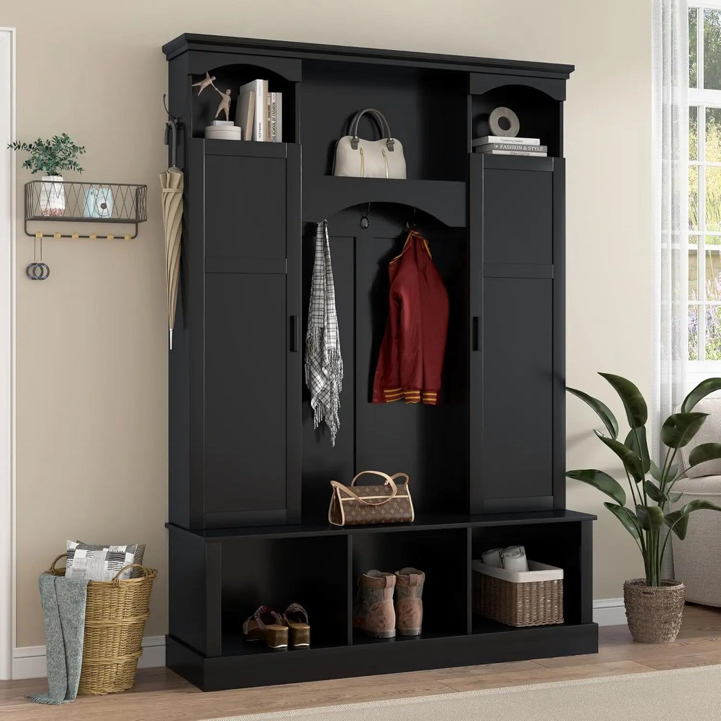 Farmhouse Hall Tree Bench With Adjustable Shelves And Hooks