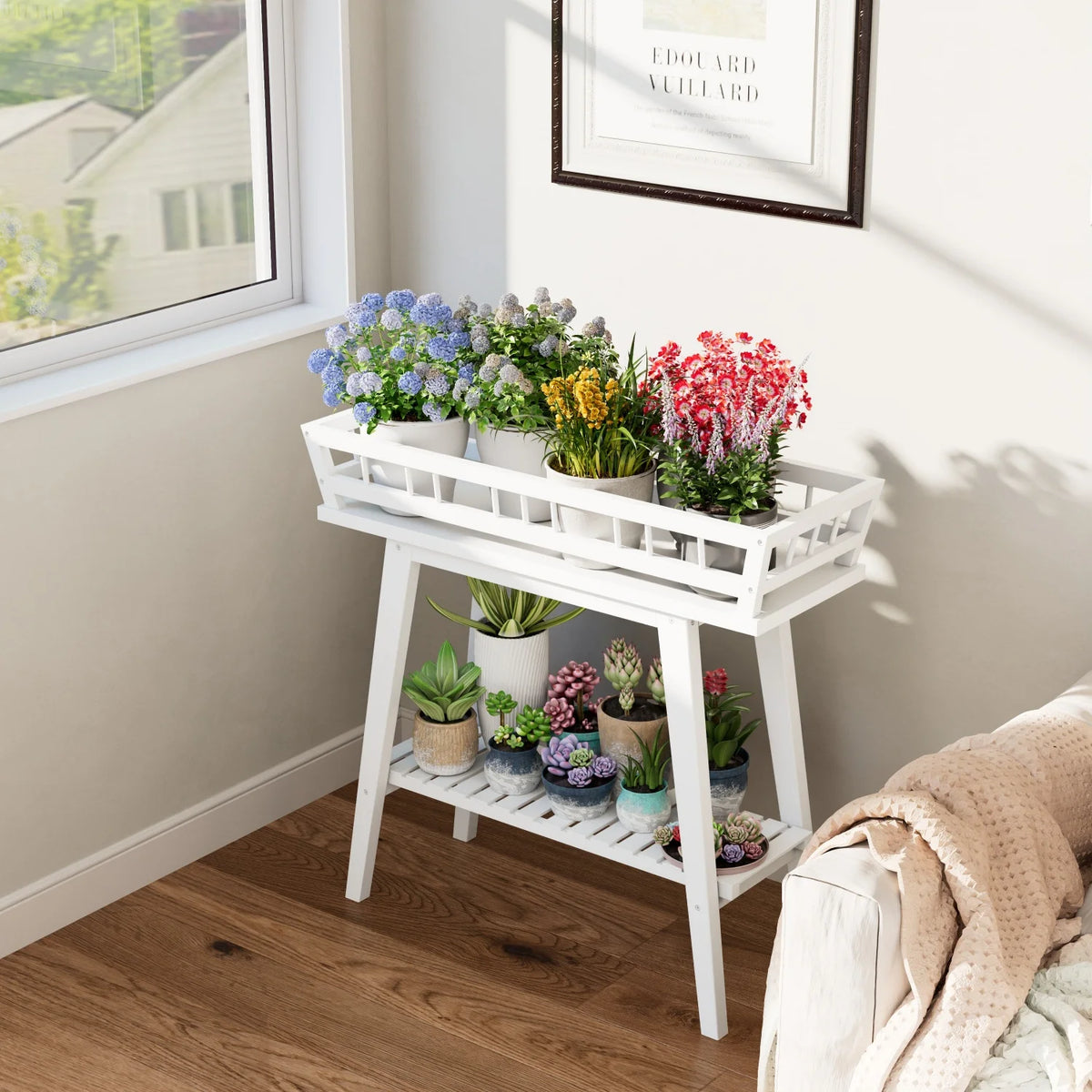 Two Tier Bamboo Plant Stand Shelf Flower Pot Holder