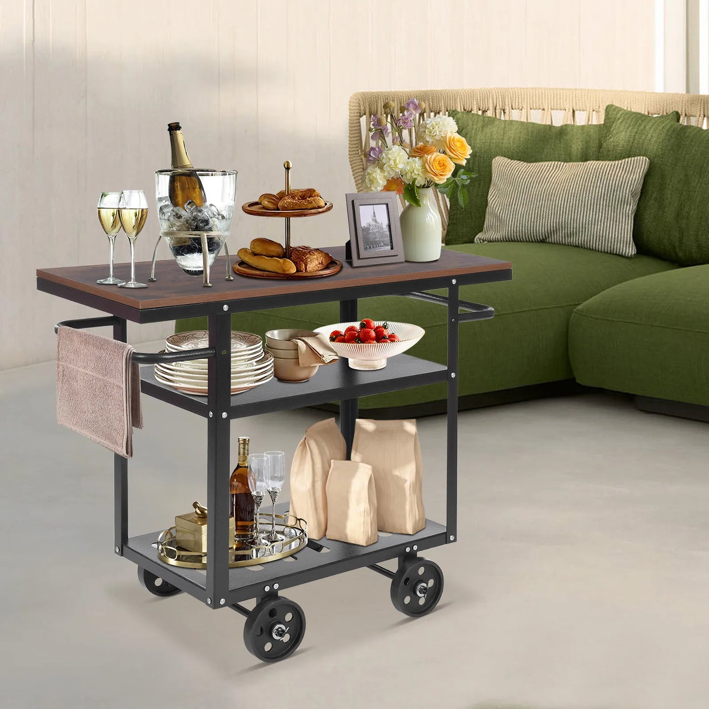 CNCEST Industrial Pipe Bar Cart 3-Tier Rolling Kitchen Cart