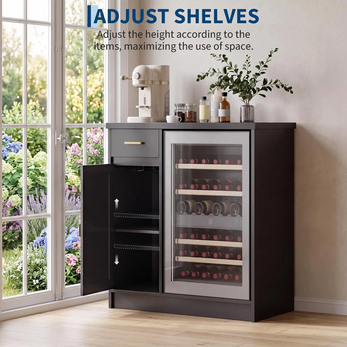 HiMISS Farmhouse Wine Bar Cabinet With USB Outlets Storage