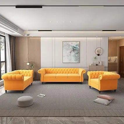 DAFIFY Velvet Chesterfield Sofa Loveseat Chair Set Premium