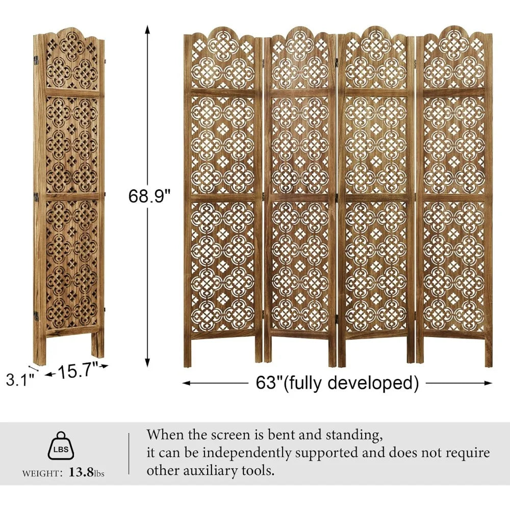 Folding Room Divider Four Panel Wood Carved Privacy Screen