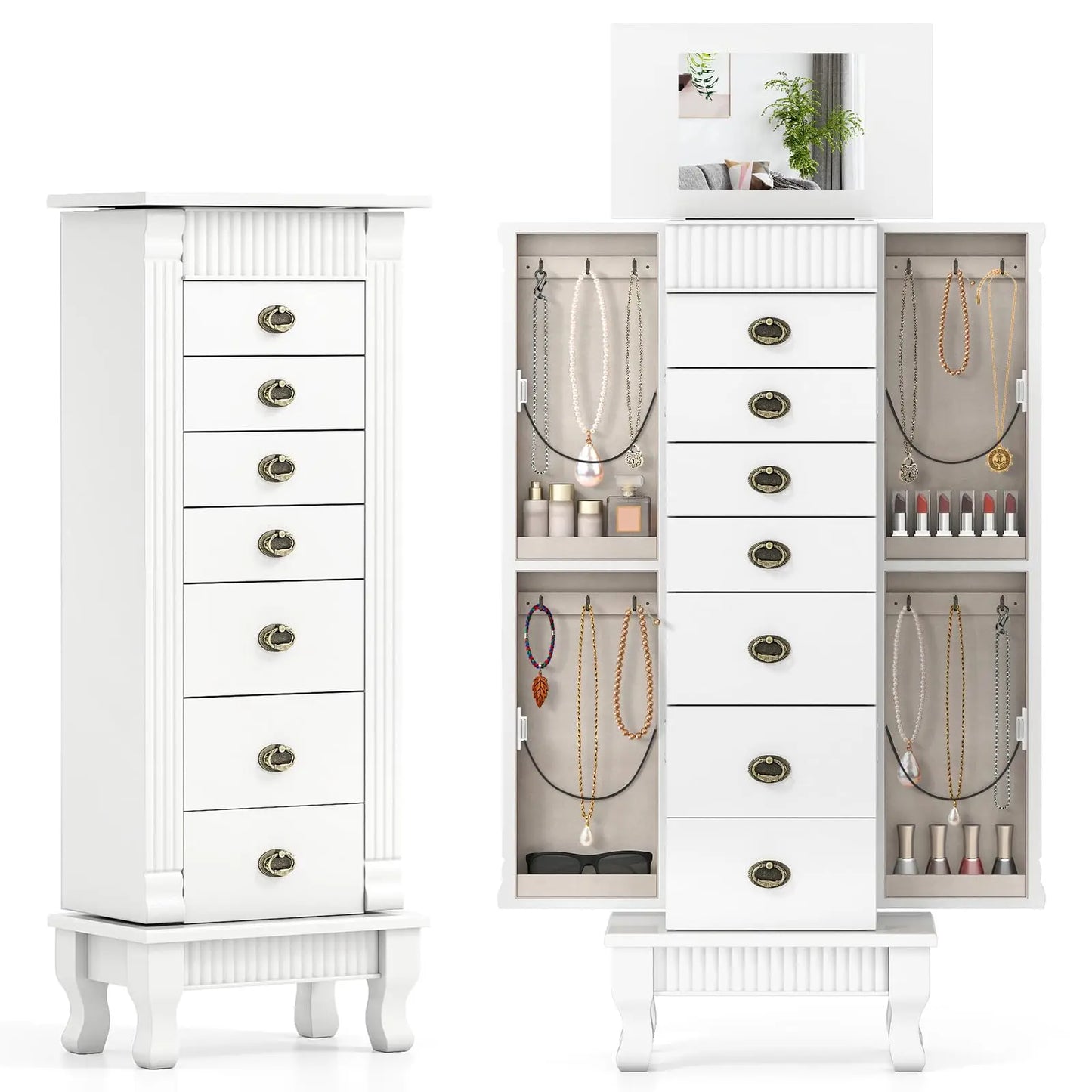 Standing Jewelry Armoire With Mirror Seven Drawers Wooden Cabinet