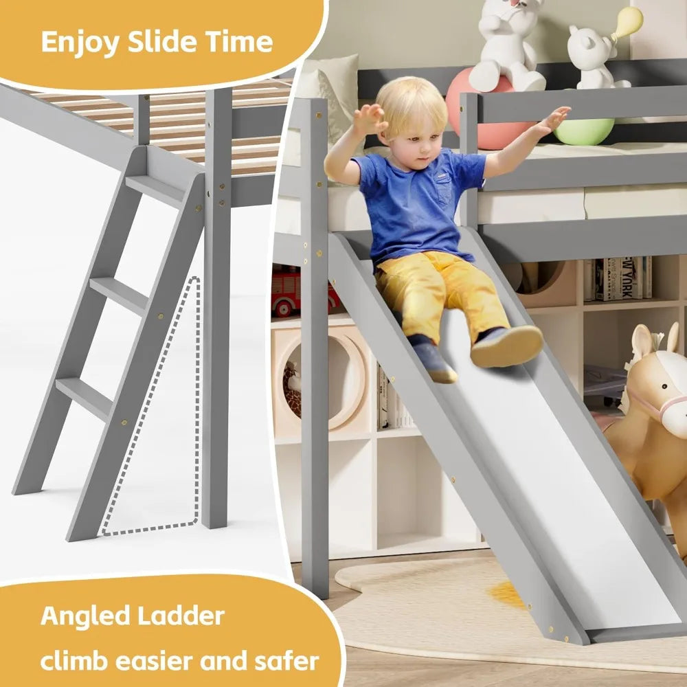 Color Wood Twin Loft Bed With Slide Ladder And Under Storage