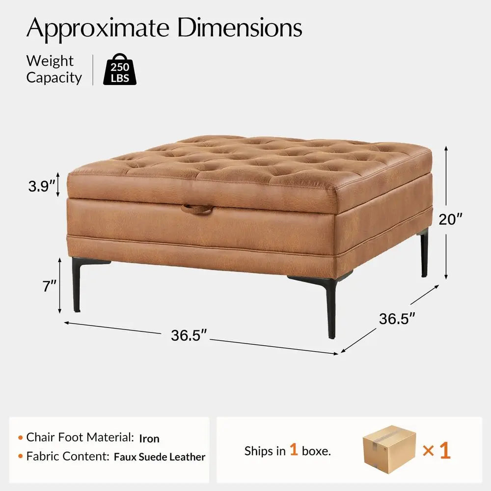 Faux Leather Coffee Table With Storage Ottoman Metal Legs