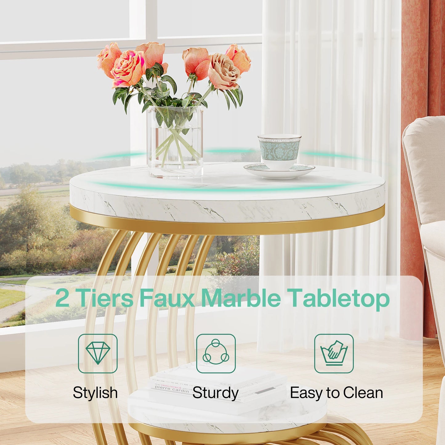 Tribesigns Gold Round End Table with Faux Marble and Storage Shelf