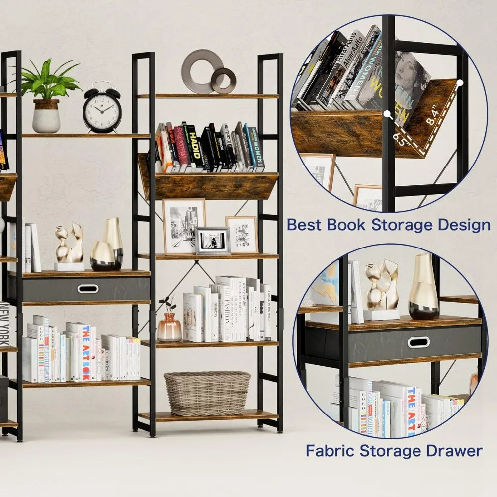 Triple Wide 5 Tier Bookshelf Rustic Industrial Style