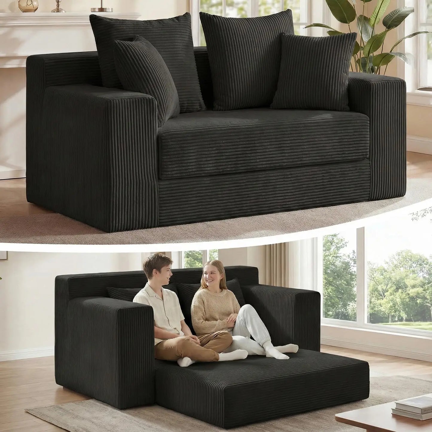 Furry 3-In-1 Convertible Sofa Bed With Detachable Cushions And 4 Pillows