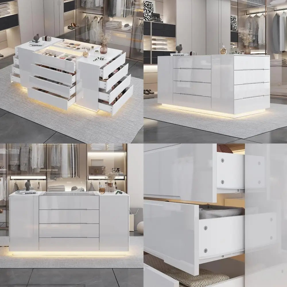 MKDK LED Illuminated Glass Top Bedroom Armoire 16 Drawers