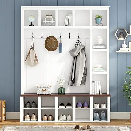 58.8 Inch Wide Hall Tree with Bench Coat Rack Hooks Drawers and Adjustable Shelves
