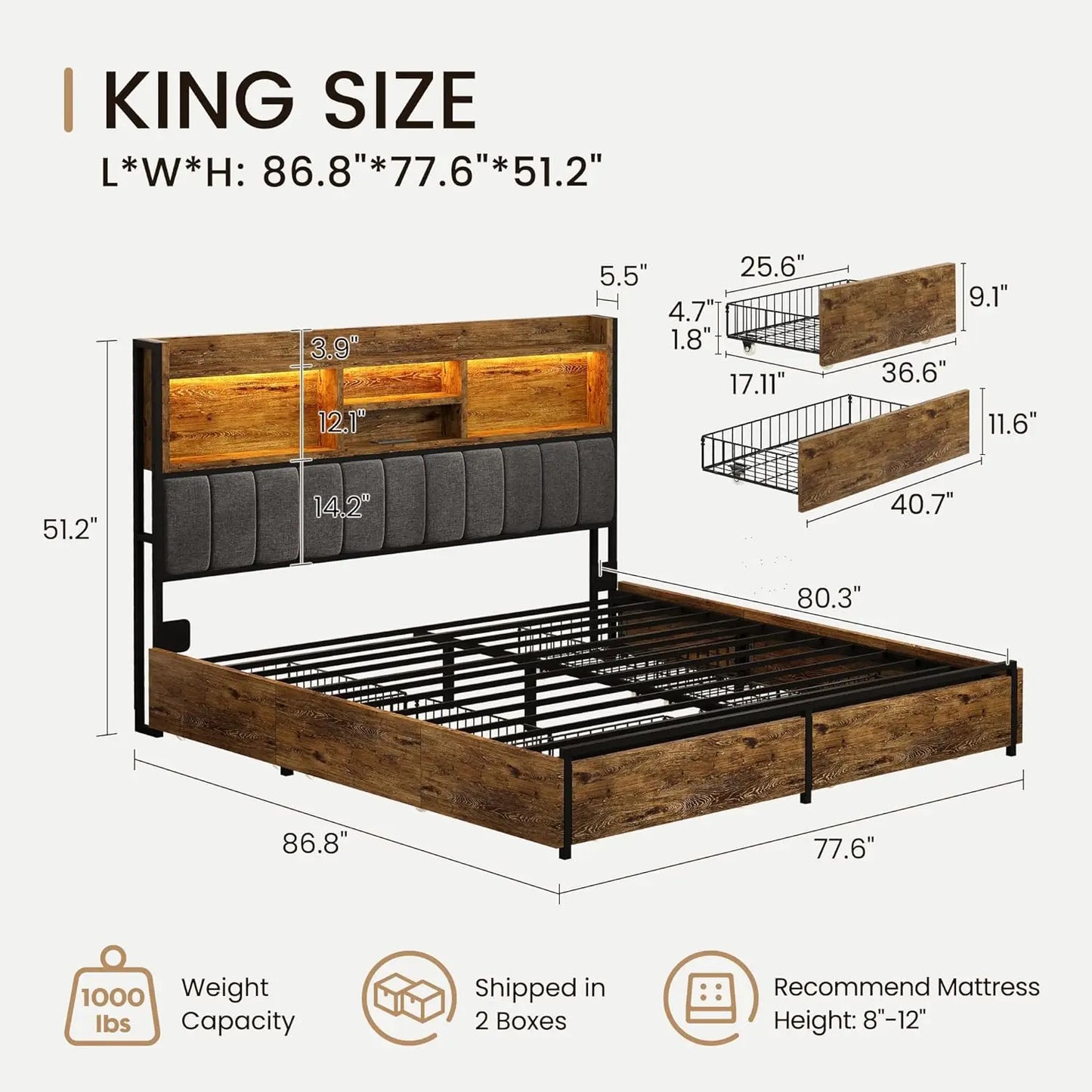 King Bed Frame With Six Drawers Linen Headboard USB