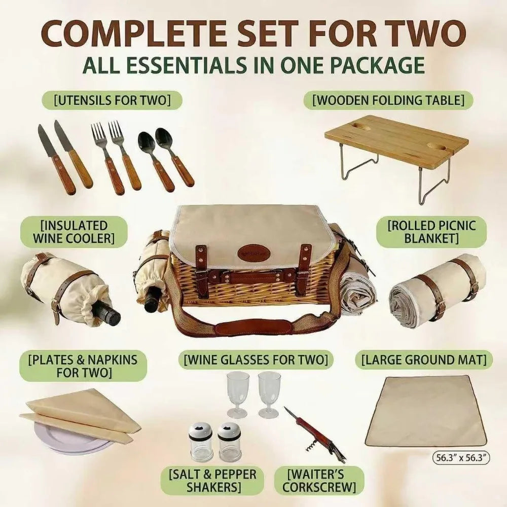 NBVCX Wicker Picnic Basket For Two With Table Blanket Wine Pouch And Tableware