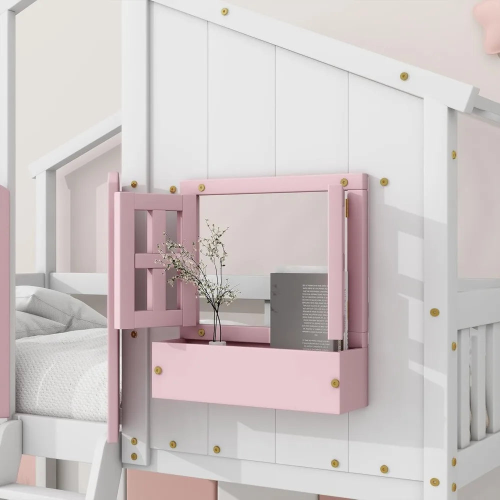Pine Floor House Bunk Bed With Roof Window Storage
