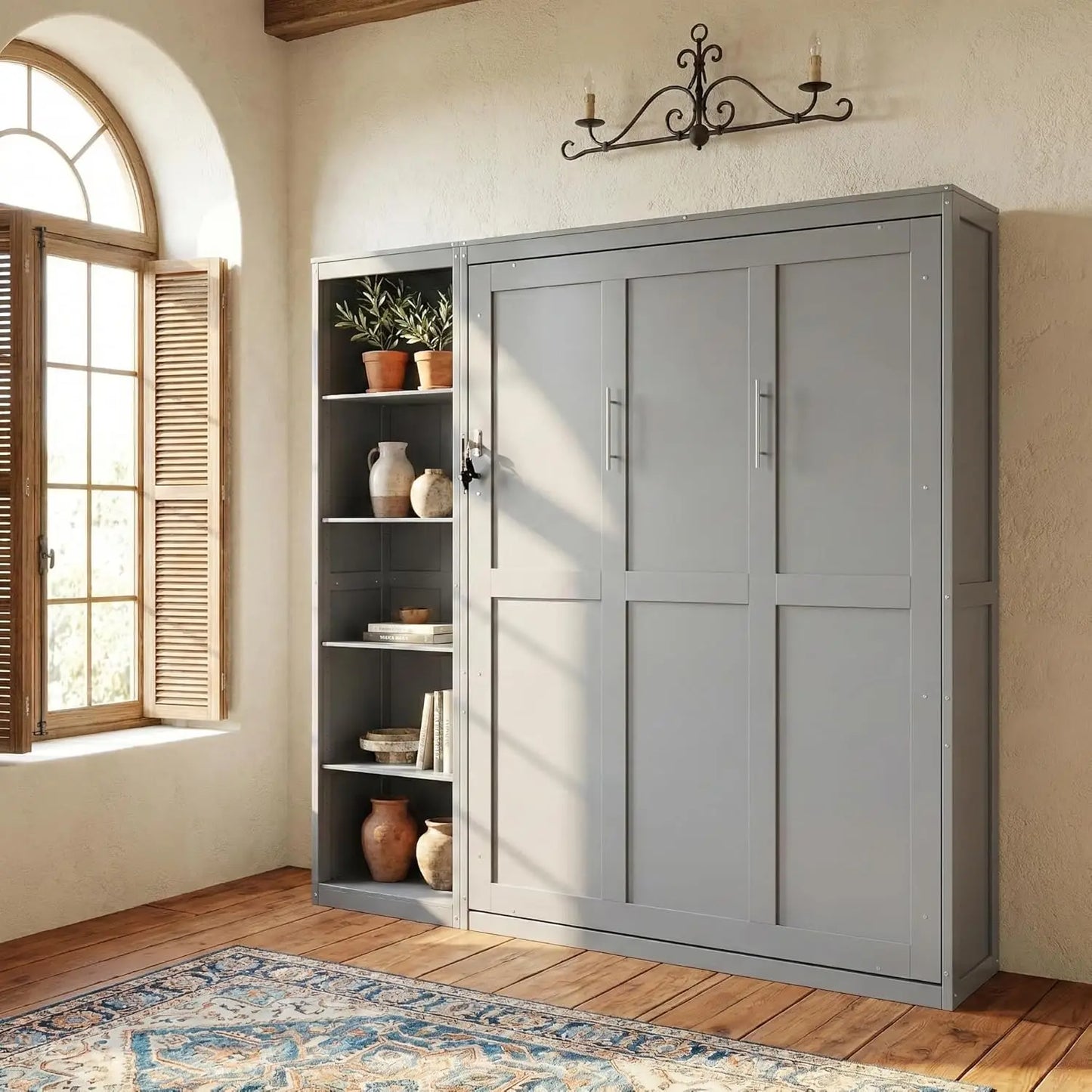 Wood Wall Murphy Bed With Two Closets And Shelving