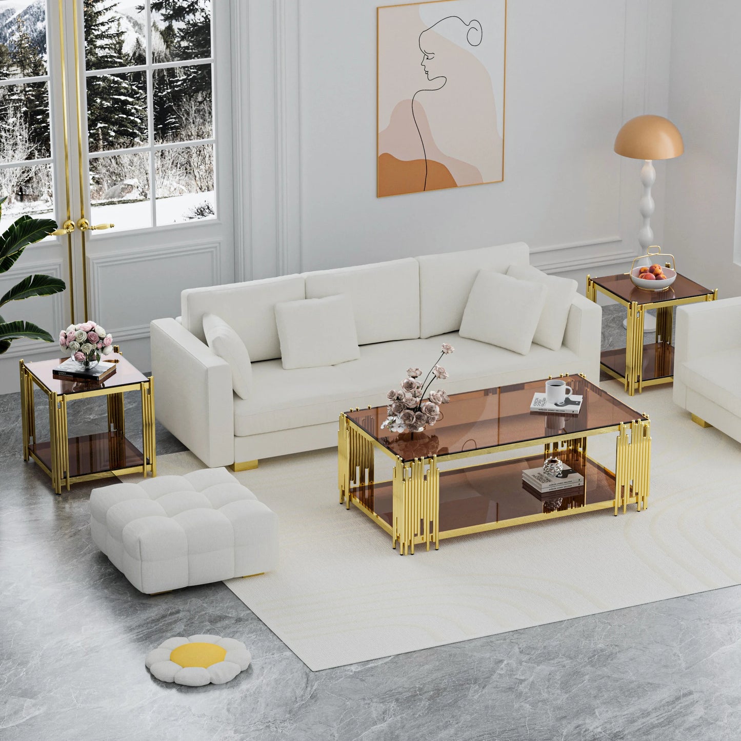 Modern Luxury Coffee Table With Stainless Steel Legs And Tempered Glass