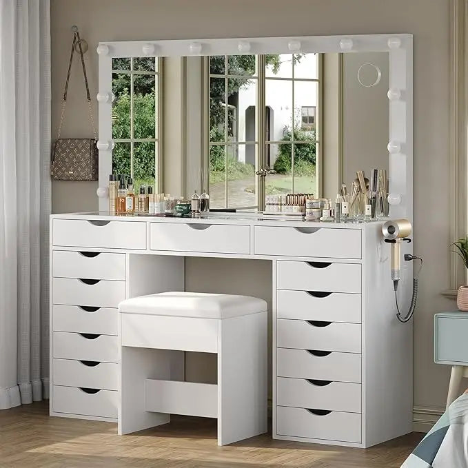 Vanity Desk with Mirror and Lights Makeup Table with Charging Station and Drawers