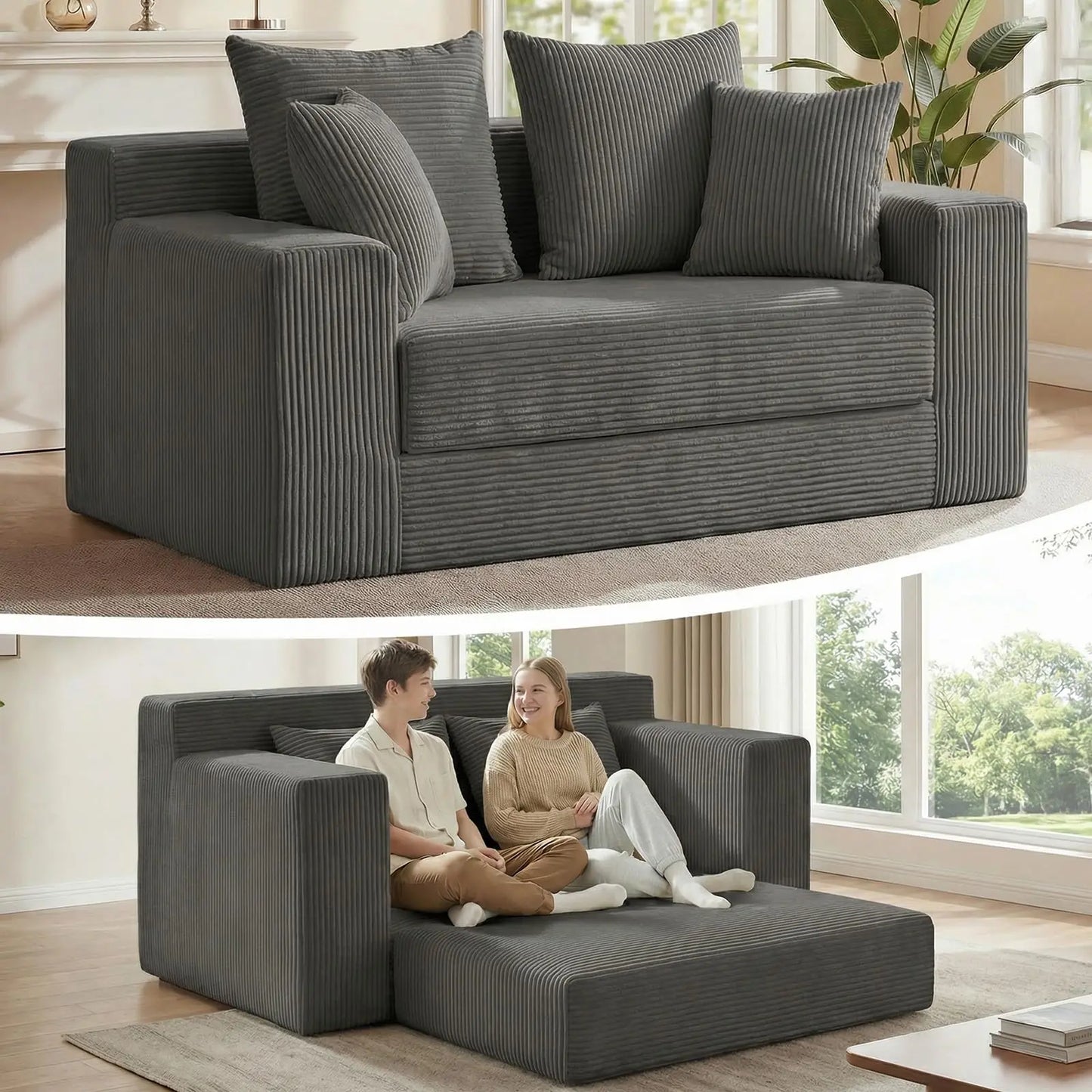 Furry 3-In-1 Convertible Sofa Bed With Detachable Cushions And 4 Pillows