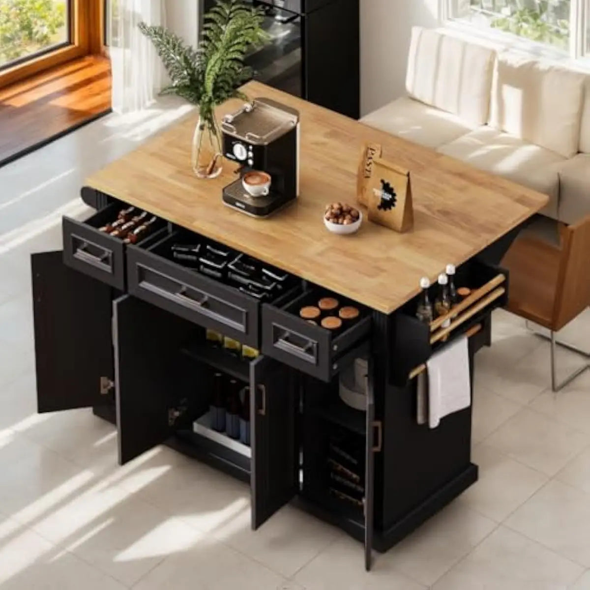 Mobile Kitchen Island With Drop Leaf Countertop, Drawer Storage