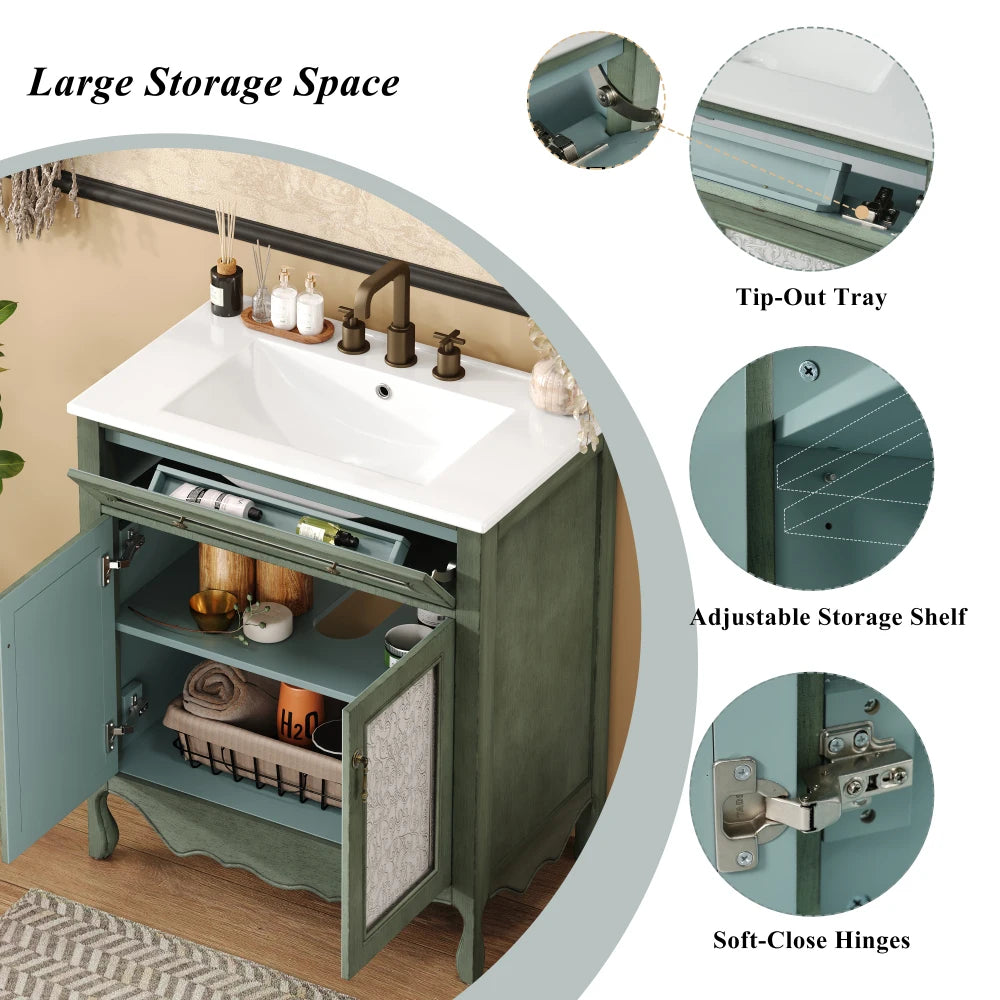 30 Inch Antique Pattern Bathroom Vanity with Rectangle Ceramic Sink