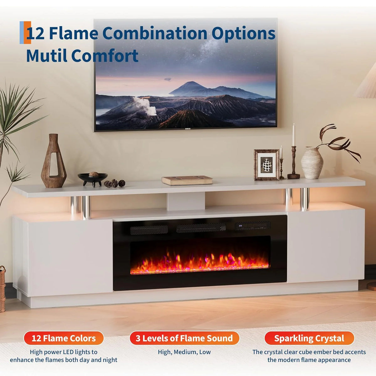 Adoolla Fireplace TV Stand With Electric Heater LED Lights And Storage