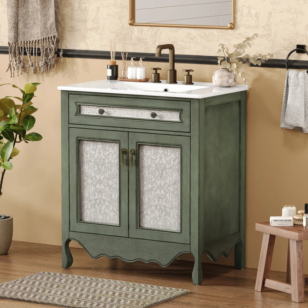 30 Inch Antique Pattern Bathroom Vanity with Rectangle Ceramic Sink